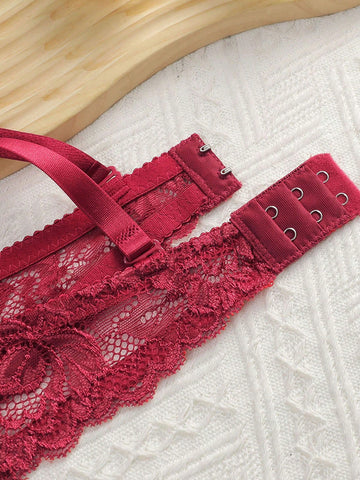 2pcs European & American Style Women's Lingerie Set, Microfiber Lace Bra With Non-Removable Padded Cups