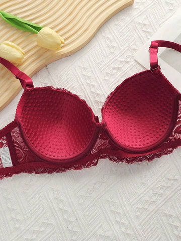 2pcs European & American Style Women's Lingerie Set, Microfiber Lace Bra With Non-Removable Padded Cups