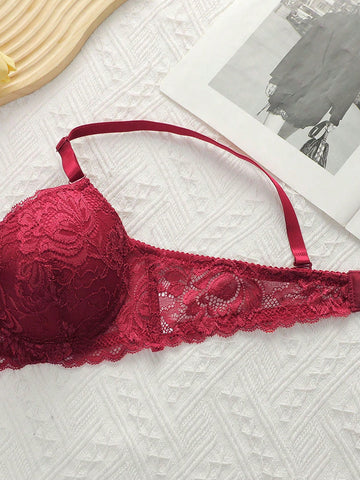 2pcs European & American Style Women's Lingerie Set, Microfiber Lace Bra With Non-Removable Padded Cups