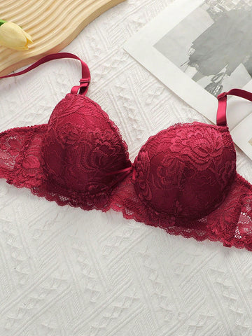 2pcs European & American Style Women's Lingerie Set, Microfiber Lace Bra With Non-Removable Padded Cups