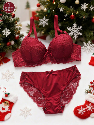 2pcs European & American Style Women's Lingerie Set, Microfiber Lace Bra With Non-Removable Padded Cups