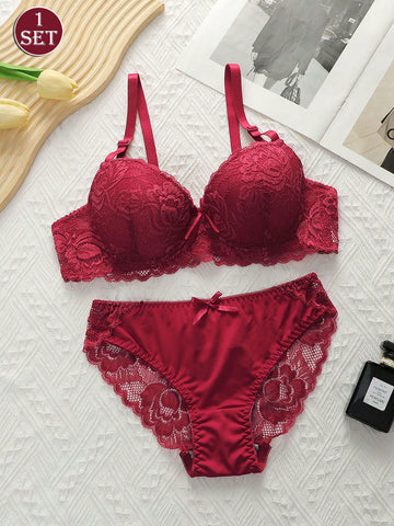 2pcs European & American Style Women's Lingerie Set, Microfiber Lace Bra With Non-Removable Padded Cups