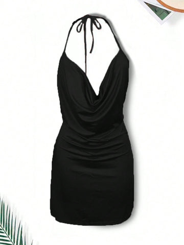 1pc Women Solid Color Backless Spaghetti Strap Low Cut Dress With Slit