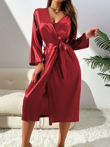 2pcs Women Sleepwear Set, Long Robe & Solid Color Nightgown, Comfortable Silky Fabric