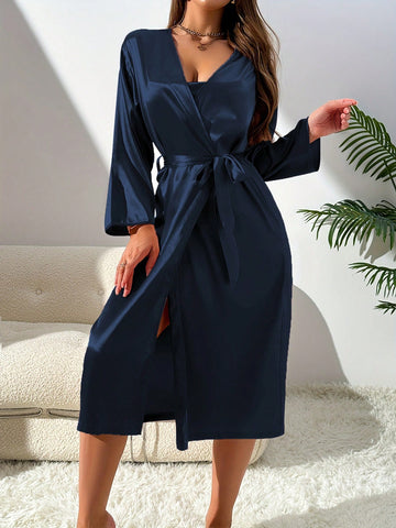 2pcs Women Sleepwear Set - Long Robe & Solid Color Nightgown, Comfortable Silk-Like Fabric