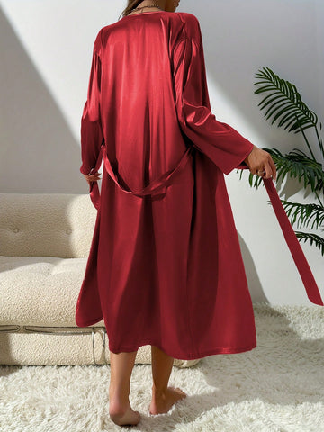 2pcs Women Sleepwear Set, Long Robe & Solid Color Nightgown, Comfortable Silky Fabric