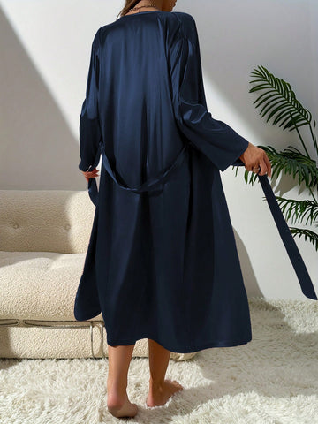 2pcs Women Sleepwear Set - Long Robe & Solid Color Nightgown, Comfortable Silk-Like Fabric