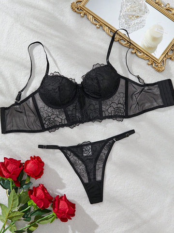 2pcs/Set Women Floral Lace Lingerie Set