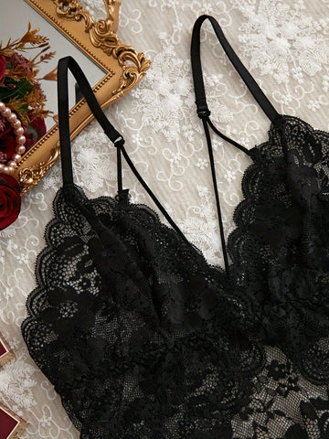 2pcs/Set Women Lace Sheer Bra And Panty Set, Sexy Lingerie