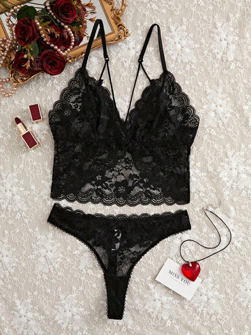 2pcs/Set Women Lace Sheer Bra And Panty Set, Sexy Lingerie