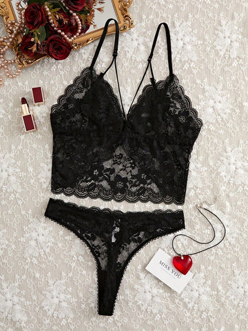 2pcs/Set Women Lace Sheer Bra And Panty Set, Sexy Lingerie