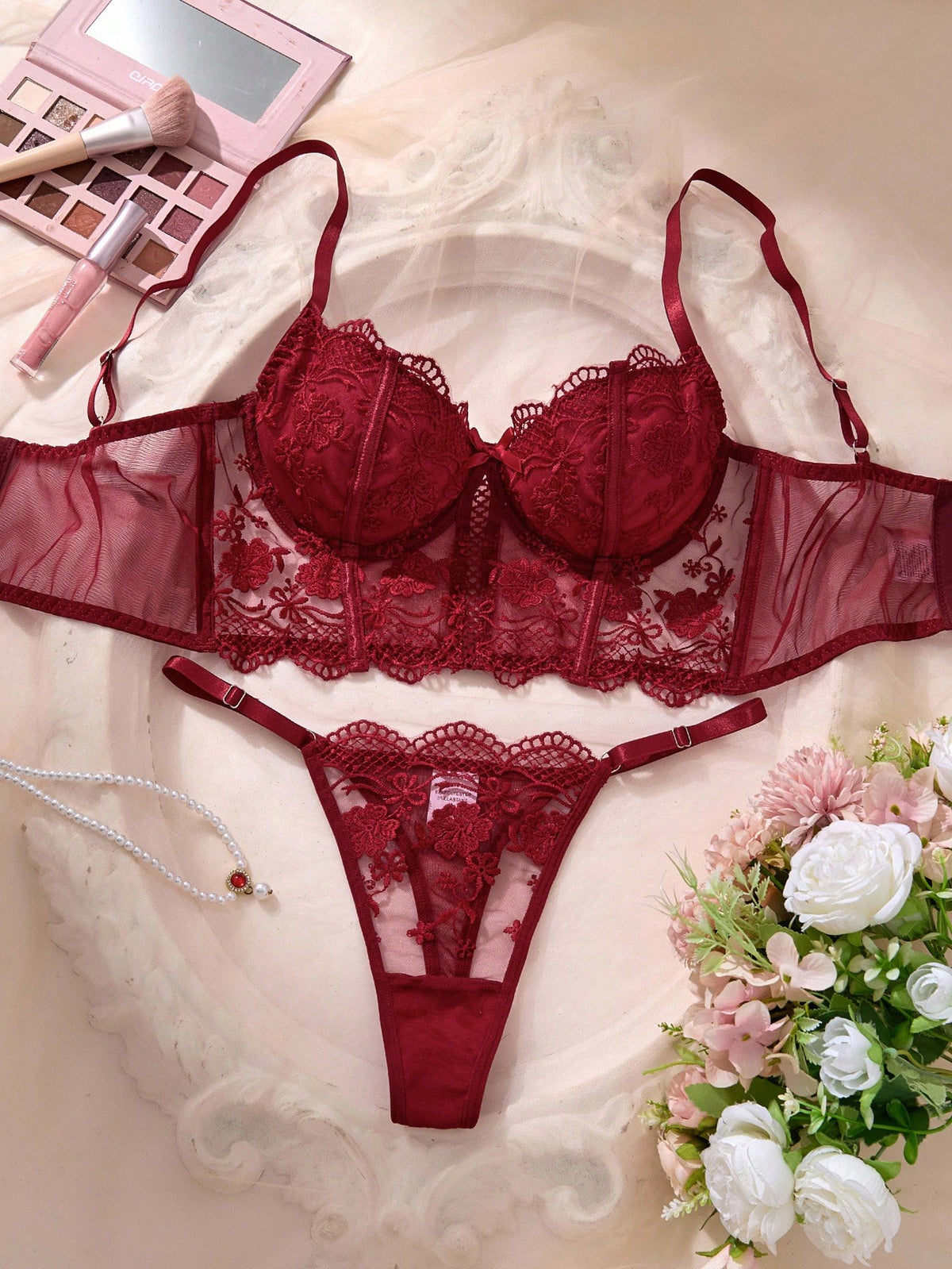 2pcs/Set Women's White Romantic Long Bra Lingerie Set