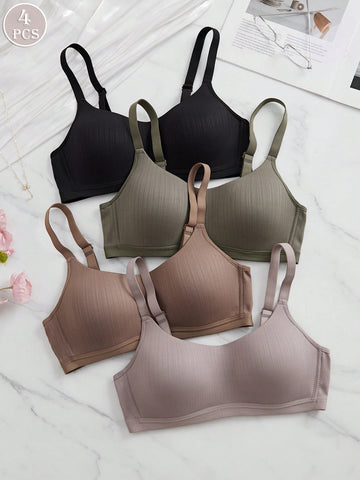Comfortable Sandalwood Casual Stripe Wireless Soft Cup Solid Bralette