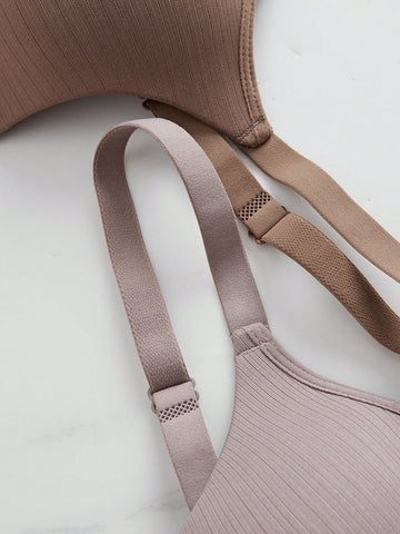 Comfortable Sandalwood Casual Stripe Wireless Soft Cup Solid Bralette
