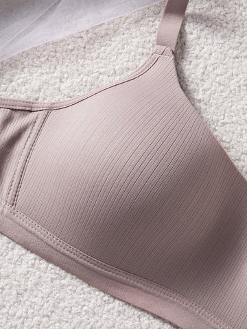Comfortable Mauve Casual Stripe Wireless Soft Cup Solid Bralette