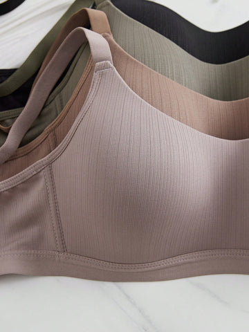 Comfortable Sandalwood Casual Stripe Wireless Soft Cup Solid Bralette