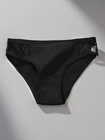4pcs/Set Women's Comfortable Low Waist Contrast Lace Ribbed Panties