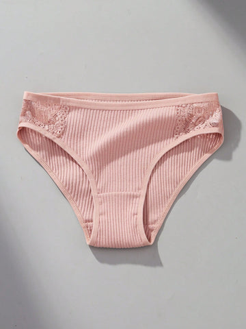 4pcs/Set Women's Comfortable Low Waist Contrast Lace Ribbed Panties