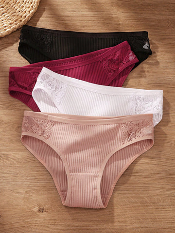 4pcs/Set Women's Comfortable Low Waist Contrast Lace Ribbed Panties