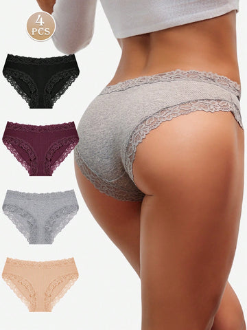 4pcs Women Minimalist Comfortable Lace Patchwork Seamless Underwear Panty Set