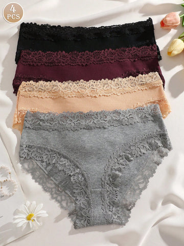 4pcs Women Minimalist Comfortable Lace Patchwork Seamless Underwear Panty Set