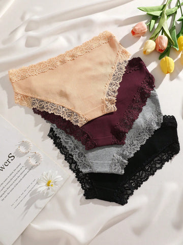 4pcs Women Minimalist Comfortable Lace Patchwork Seamless Underwear Panty Set