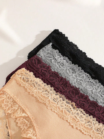 4pcs Women Minimalist Comfortable Lace Patchwork Seamless Underwear Panty Set