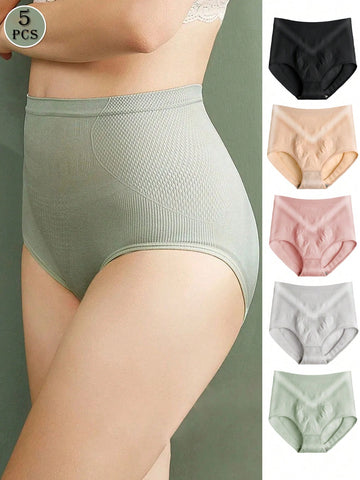 5pcs/Pack Women Seamless High-Waist Underwear, Comfortable Breathable Elastic Briefs For Postpartum Waist Shaping And Belly Control