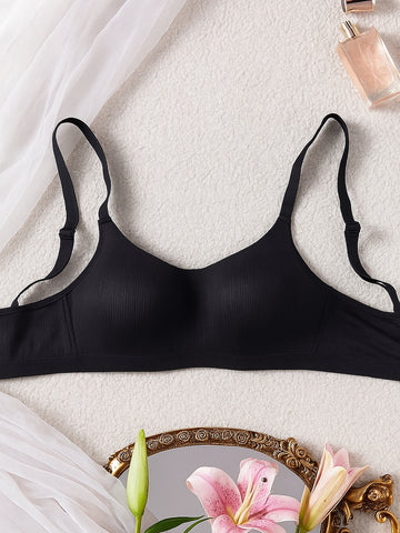 Comfortable Black Casual Stripe Wireless Soft Cup Solid Bralette