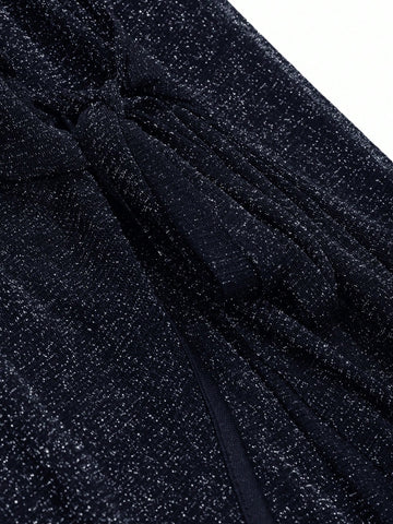 Silver Metallic Thread Blend Mesh Shawl Collar Sexy Slip Nightgown