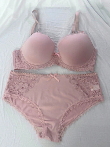 2pcs Lace Patchwork Women Bra Set With Underwire