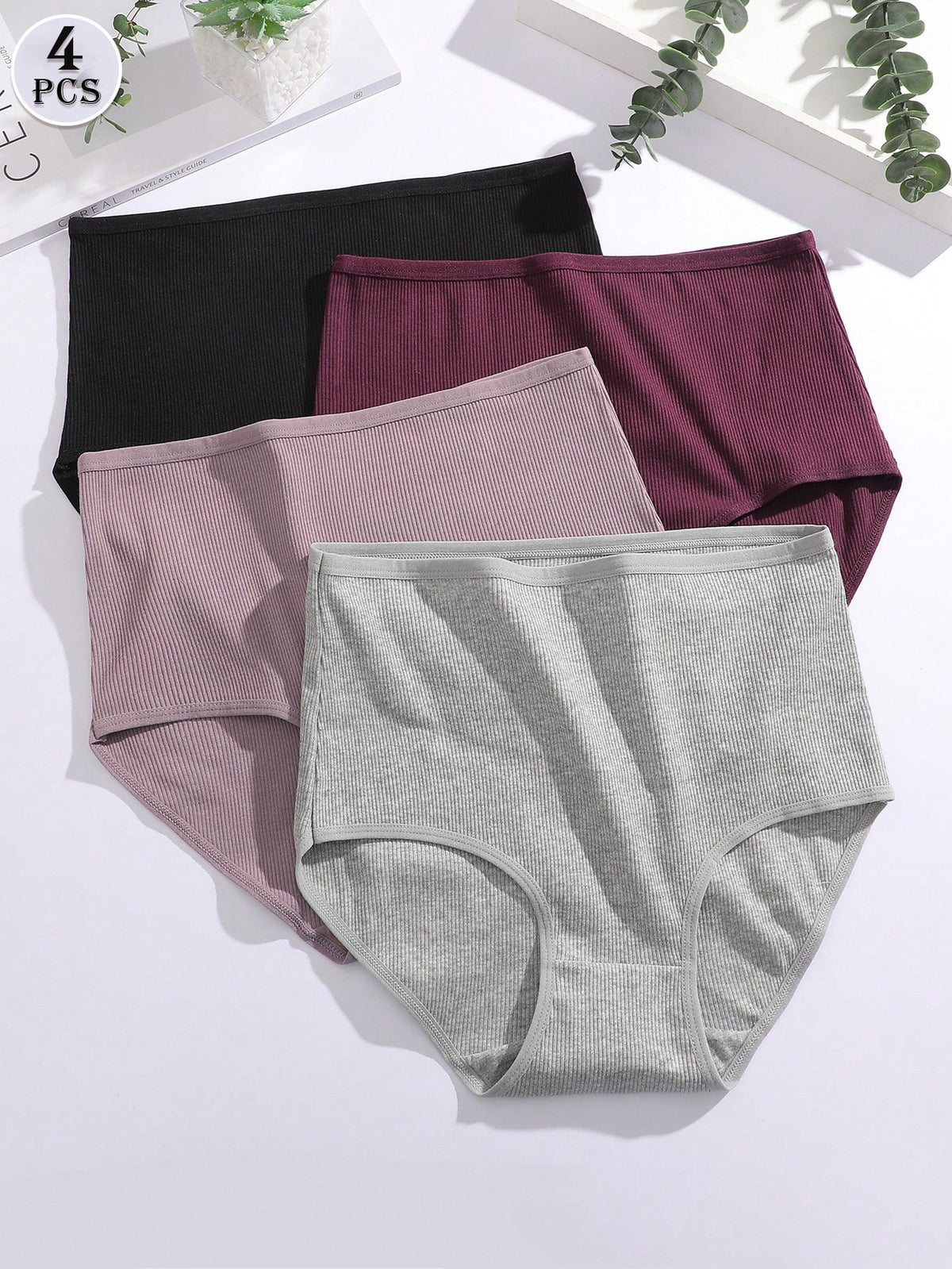 4pcs High Waist Seamless Solid Color Briefs