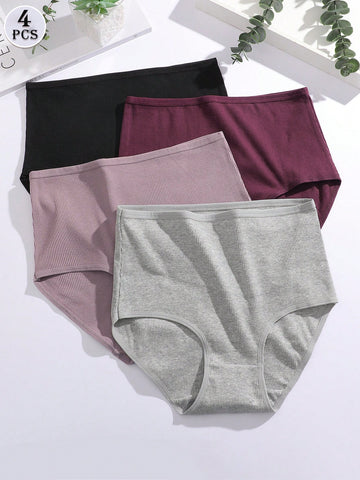 4pcs High Waist Seamless Solid Color Briefs