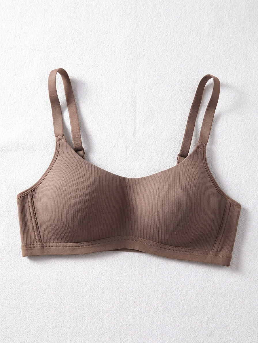 Comfortable Sandalwood Casual Stripe Wireless Soft Cup Solid Bralette