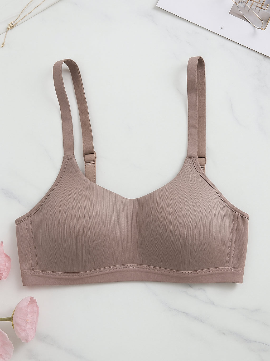 Comfortable Mauve Casual Stripe Wireless Soft Cup Solid Bralette