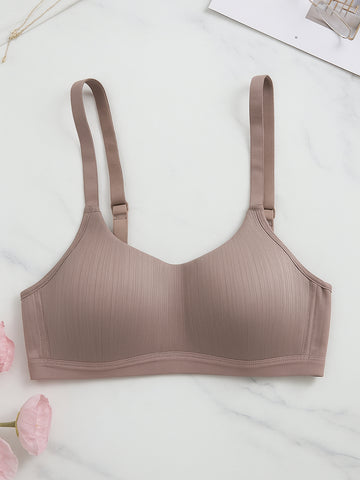 Comfortable Mauve Casual Stripe Wireless Soft Cup Solid Bralette