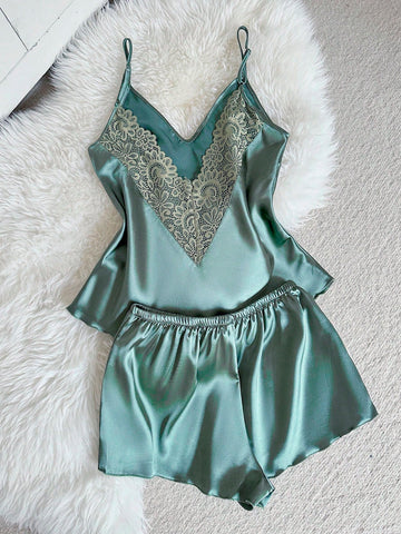 Summer Elegant Solid Color Camisole & Shorts Pajama Set Satin Pajama Set