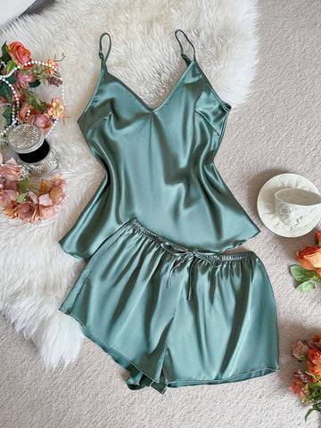 Summer Elegant Solid Color Camisole & Shorts Pajama Set Satin Pajama Set