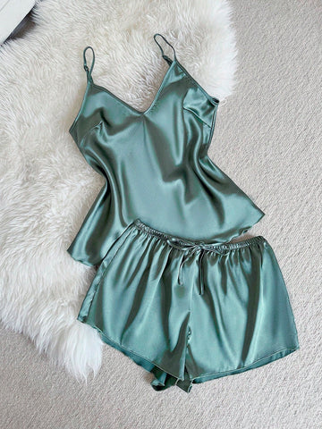 Summer Elegant Solid Color Camisole & Shorts Pajama Set Satin Pajama Set