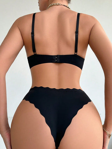 Solid Color Spaghetti Strap Bra & Panty Underwear Lingerie Set