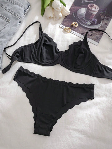 Solid Color Spaghetti Strap Bra & Panty Underwear Lingerie Set