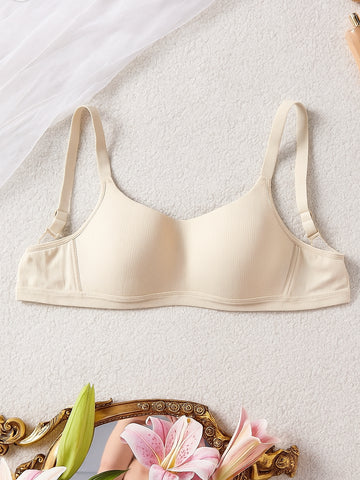 Comfortable Off-White Casual Stripe Wireless Soft Cup Solid Bralette