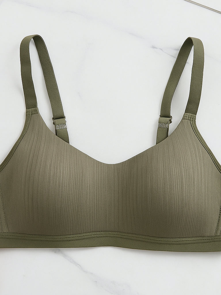 Comfortable Sage Casual Stripe Wireless Soft Cup Solid Bralette