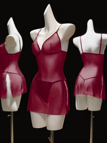 Seduluxe 2pcs/Set Women's Sexy Wireless Mesh Lingerie Cami Red Lingerie Dress