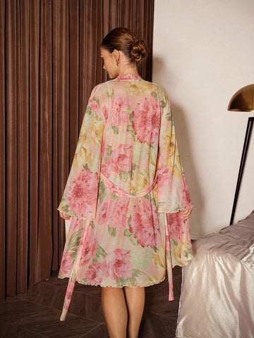 Floral Print Lace Trim Camisole Nightgown And Robe Set