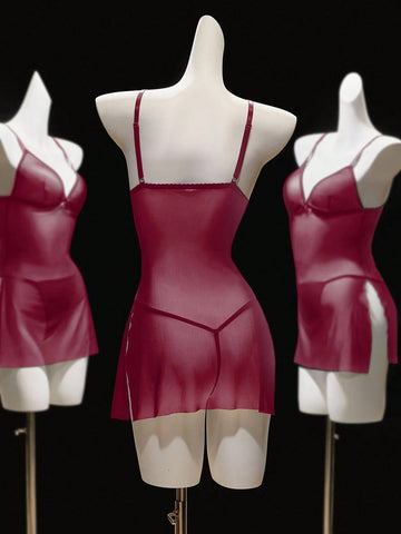 Seduluxe 2pcs/Set Women's Sexy Wireless Mesh Lingerie Cami Red Lingerie Dress