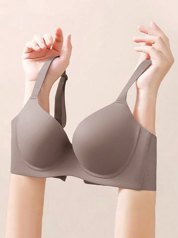 Simple Solid Color Thin Wireless Comfortable Full Coverage Seamless Bra With Gathering Effect, Side Slimming And Anti-Sagging Function