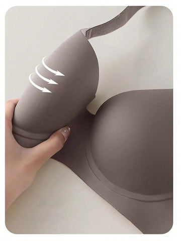 Simple Solid Color Thin Wireless Comfortable Full Coverage Seamless Bra With Gathering Effect, Side Slimming And Anti-Sagging Function