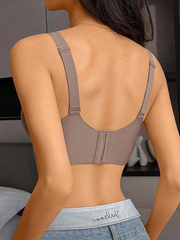 Simple Solid Color Thin Wireless Comfortable Full Coverage Seamless Bra With Gathering Effect, Side Slimming And Anti-Sagging Function