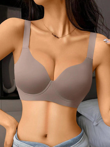 Simple Solid Color Thin Wireless Comfortable Full Coverage Seamless Bra With Gathering Effect, Side Slimming And Anti-Sagging Function